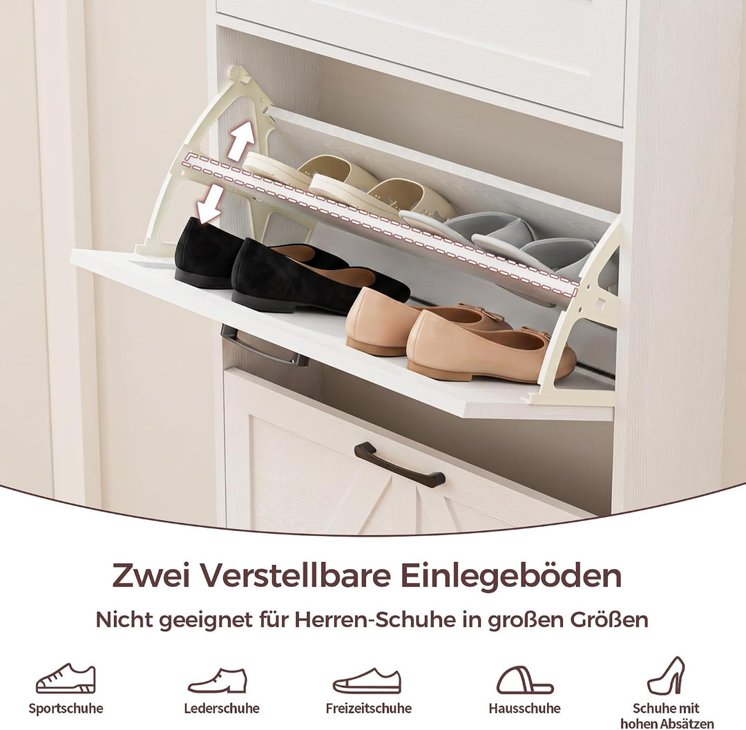 BonVache Schuhschrank schmal, Schuhkipper mit 2 Klappen&amp;Schublade, Schuhregal mit Trennwände verstel