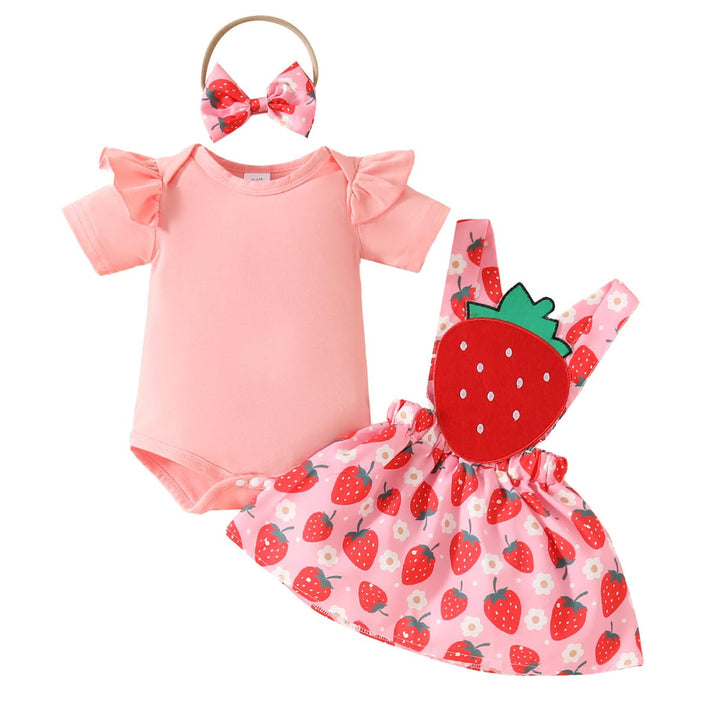 Neugeborenes Baby Mädchen Röcke Sets Kurzarm Rüschen Top + Bedrucktes Overalls Hosenträger Kleid + S