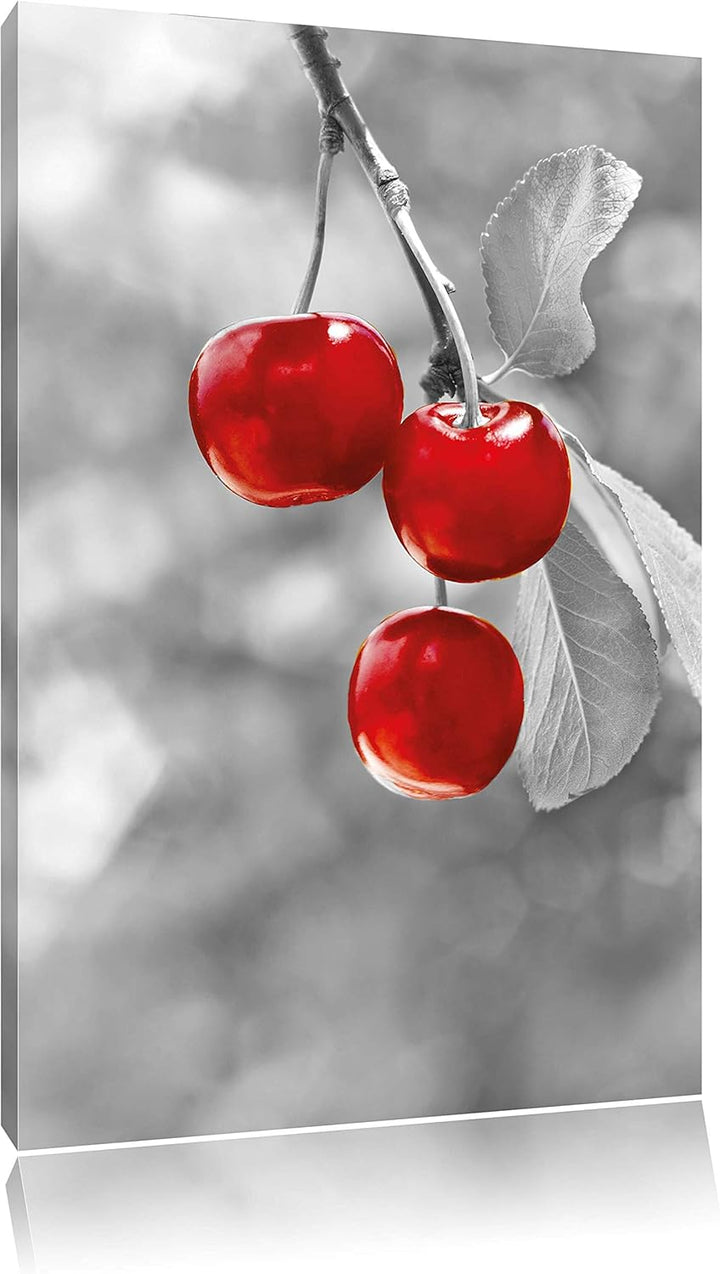 Pixxprint glänzende Kirschen am Zweig schwarz/weiss, Format: 80x120 auf hochkantiges Leinwand, XXL r