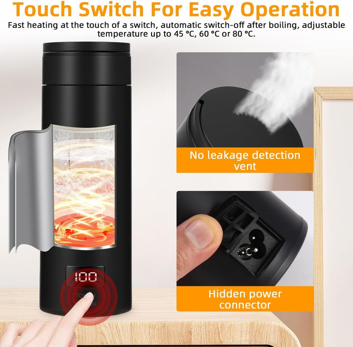 380ML Kleiner Tragbarer Wasserkocher, 3 in 1 Mini Elektrische Wassertasse mit Temperatureinstellung,