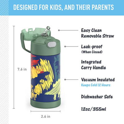 THERMOS FUNTAINER 340 ml Edelstahl vakuumisolierte Kinder-Strohhalmflasche, Dinosaurier, 340 ml