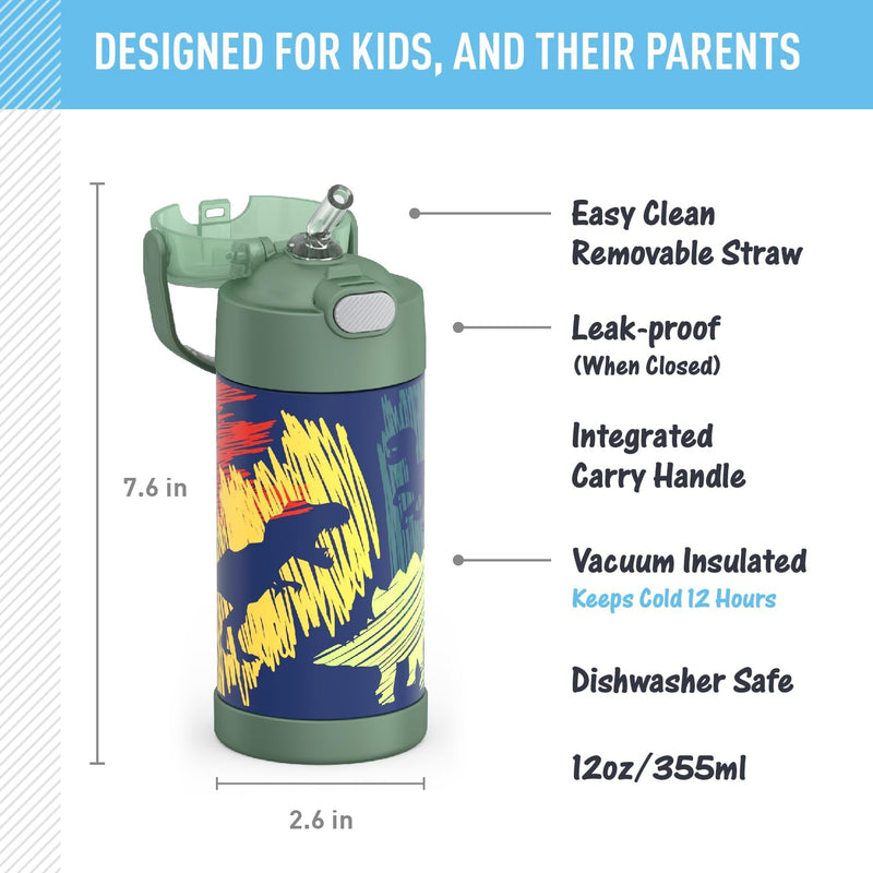 THERMOS FUNTAINER 340 ml Edelstahl vakuumisolierte Kinder-Strohhalmflasche, Dinosaurier, 340 ml