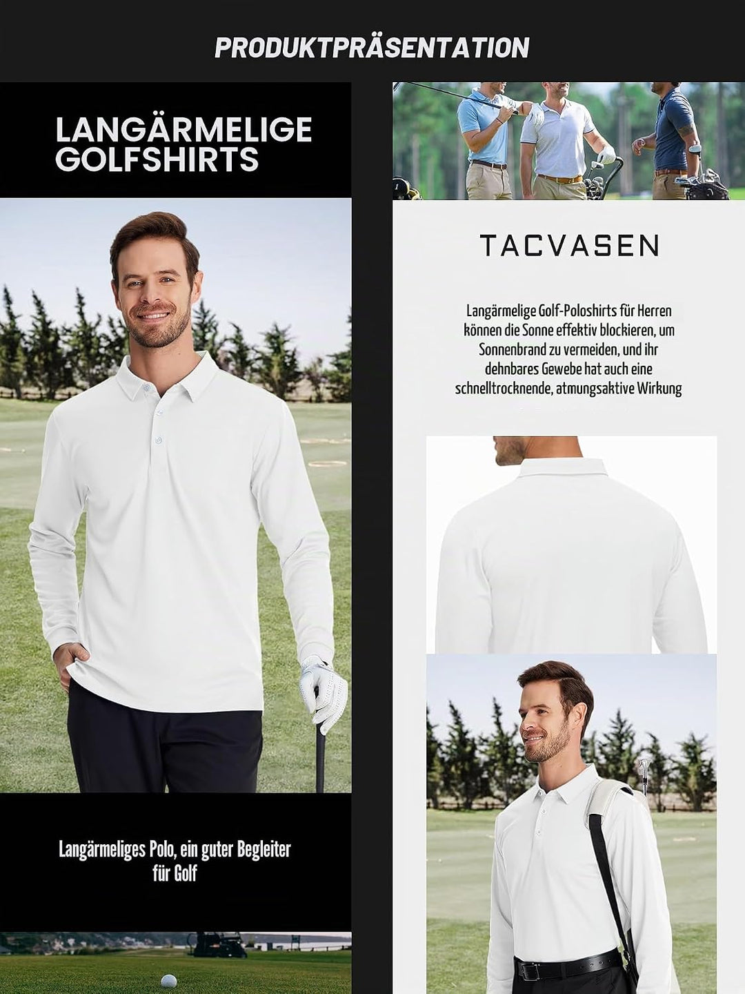 TACVASEN Herren Poloshirt Langarm Golf Polo Schnelltrocknend Funktionsshirts Leicht T-Shirts mit 3-K