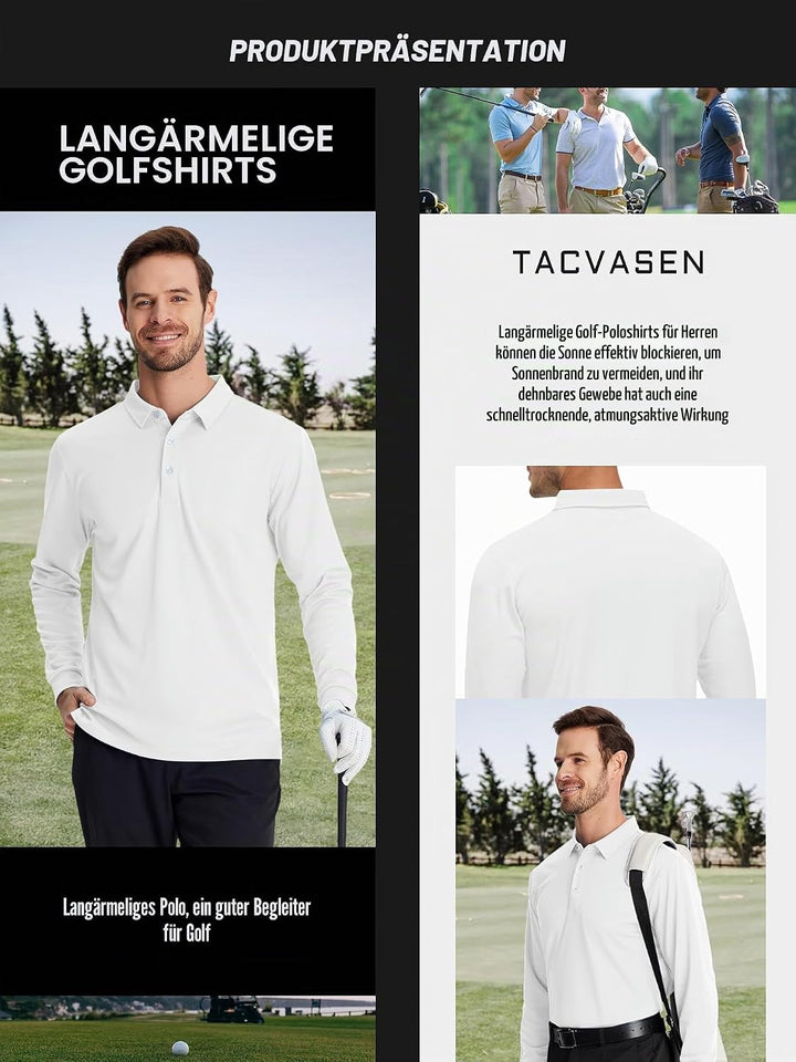 TACVASEN Herren Poloshirt Langarm Golf Polo Schnelltrocknend Funktionsshirts Leicht T-Shirts mit 3-K