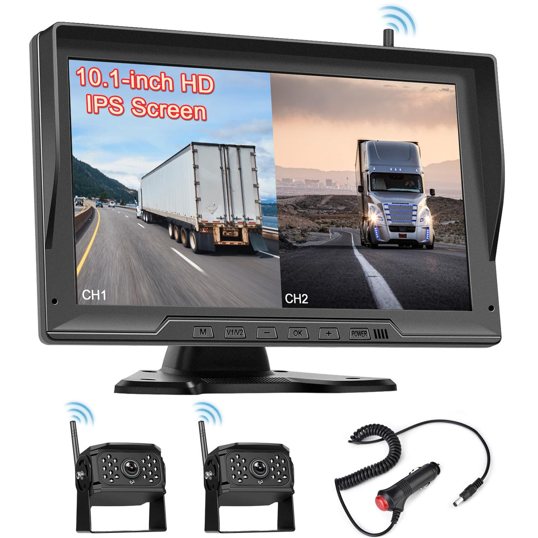 Hikity Digital Kabellos Rückfahrkamera Set, 10,1 Zoll HD Monitor mit 2 Kameras, Stabilem Signal, IP6