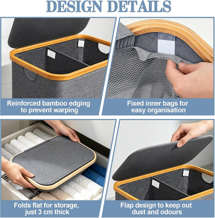 Verdego Wäschekorb mit Deckel, 2 Wäschesack, Wäschesammler, 102L, Grau | Laundry Basket Faltbarer, W