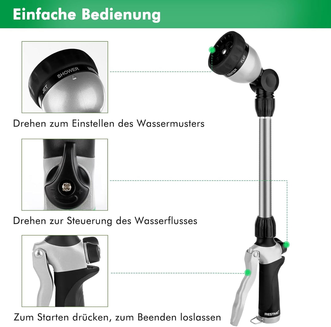 RESTMO Garten Giessstab Metall, 42cm Lang Gartenbrause mit Stiel, 180° schwenkbaren Kopf Stabbrause