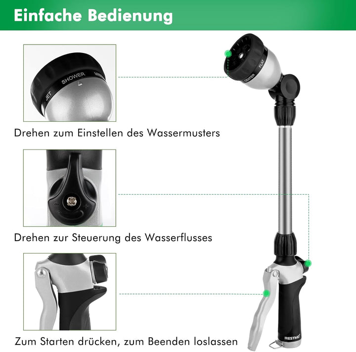 RESTMO Garten Giessstab Metall, 42cm Lang Gartenbrause mit Stiel, 180° schwenkbaren Kopf Stabbrause