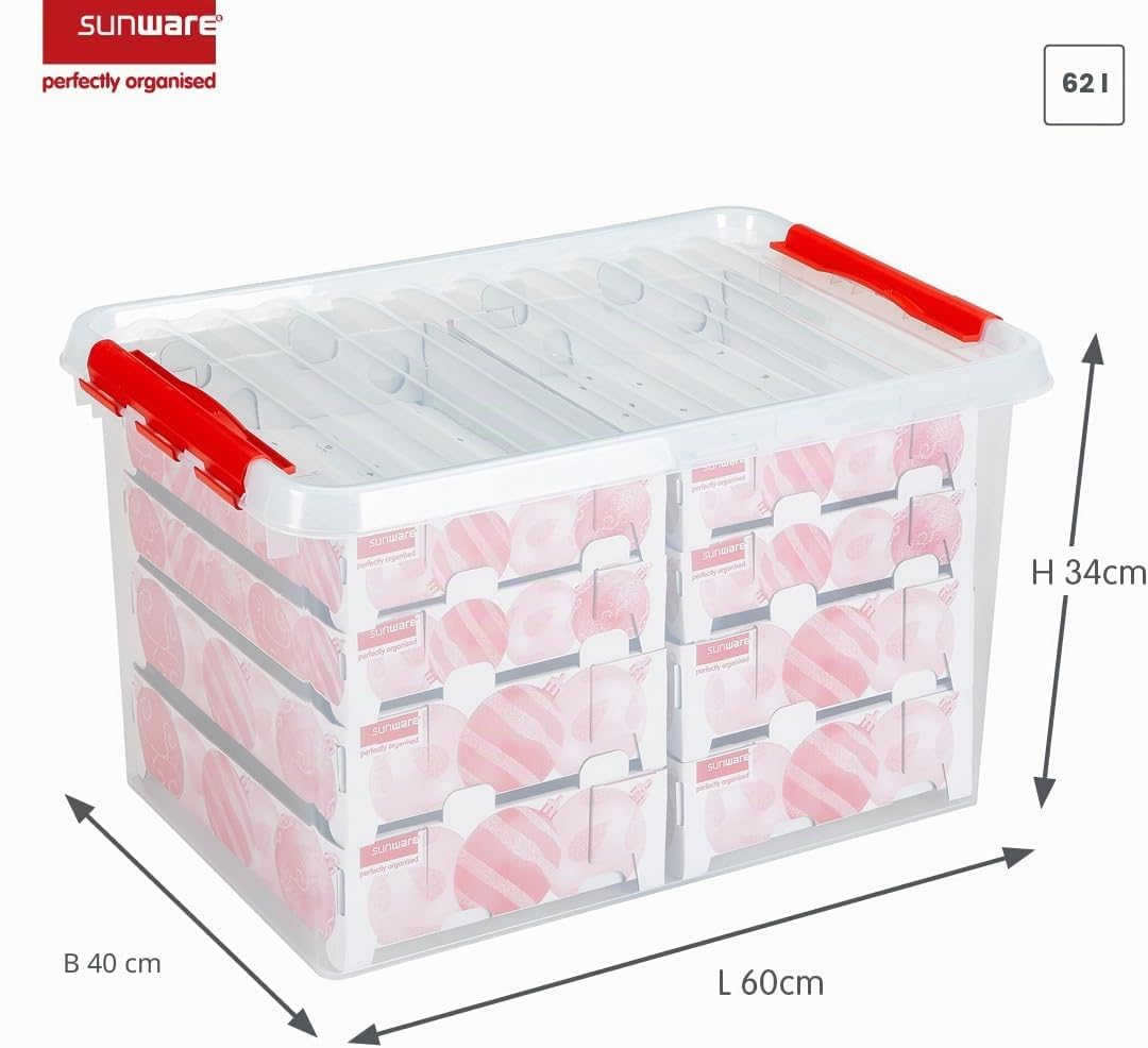 Sunware Q-Reihe Box für Weihnachtsdekoration mit Ablagen für 116 Kugeln, transparent/rot, Einheitsgr