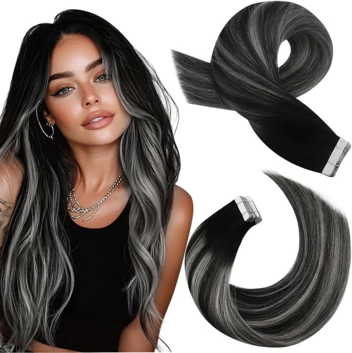 Moresoo Tape Echthaar Extension Schwarz Ombre Invisible Tape in Extensions Echthaar Schwarz bis 