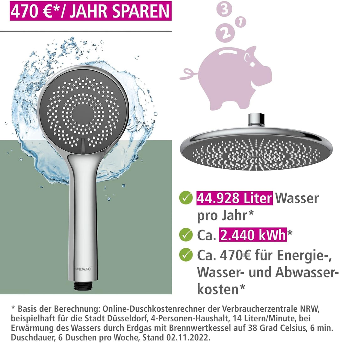 WENKO Duschsystem Watersaving, Duschstange aus Edelstahl mit wassersparendem Regenduschkopf und Hand