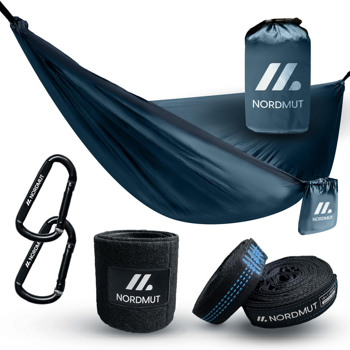 NORDMUT® Ultraleichte Hängematte Outdoor [mit Befestigungs-Set] Camping Hängematte inkl. Baumschutz-