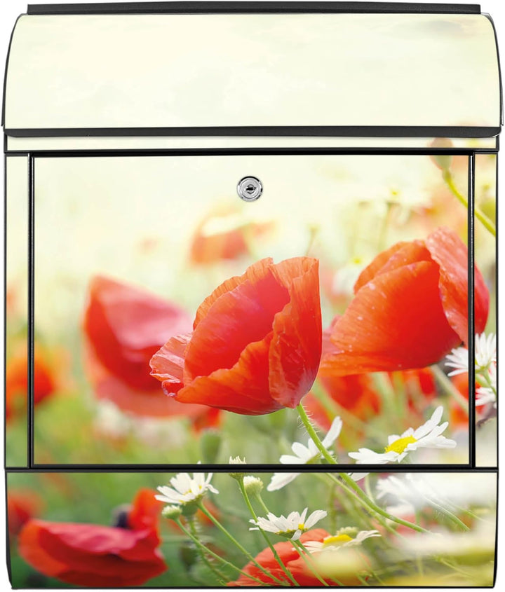 banjado® Design Briefkasten mit Motiv Kamille Und Mohn 39x47x14cm &amp; 2 Schlüssel - Briefkasten Stahl