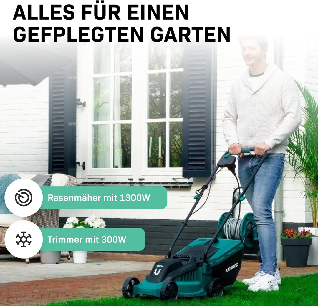 VONROC Rasenmäher Elektro mit Kabel | 1300W - 32cm Schnittbreite - einstellbare Schnitthöhe 30-70MM