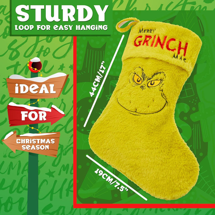 The Grinch Flauschiger Weihnachtsstrumpf, Weihnachtsdeko für Kamin oder Tannenbaum