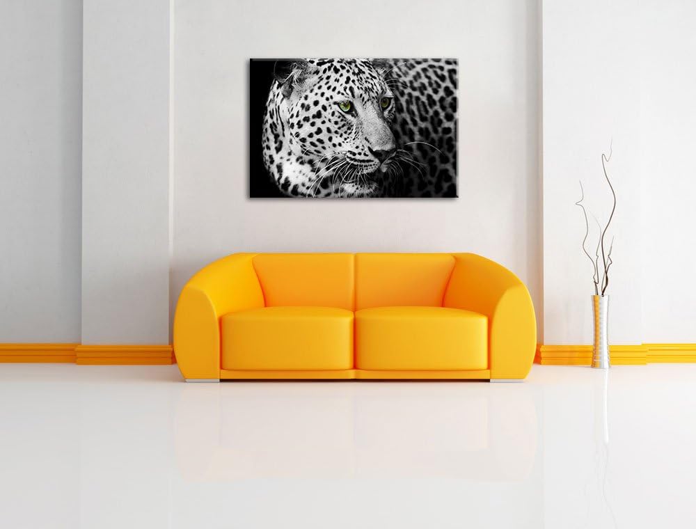 Dark Leopard mit grünen Augen schwarz/weiss Format: 100x70 auf Leinwand, XXL riesige Bilder fertig g