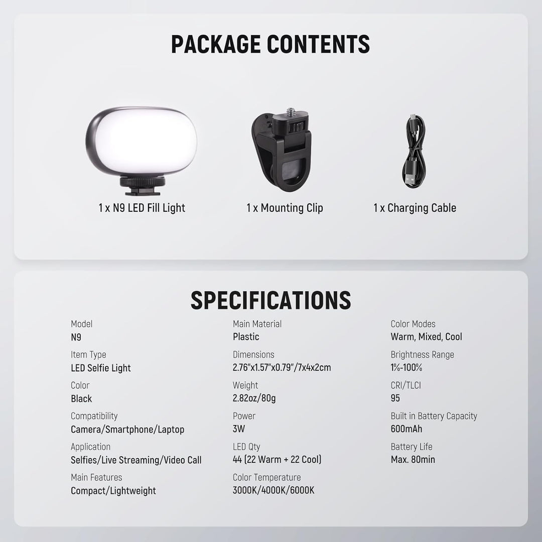 NEEWER BASICS Selfie Licht, Tragbares Handy Videolicht, 3W Clip on kleine LED Videoleuchte, Cold Sho