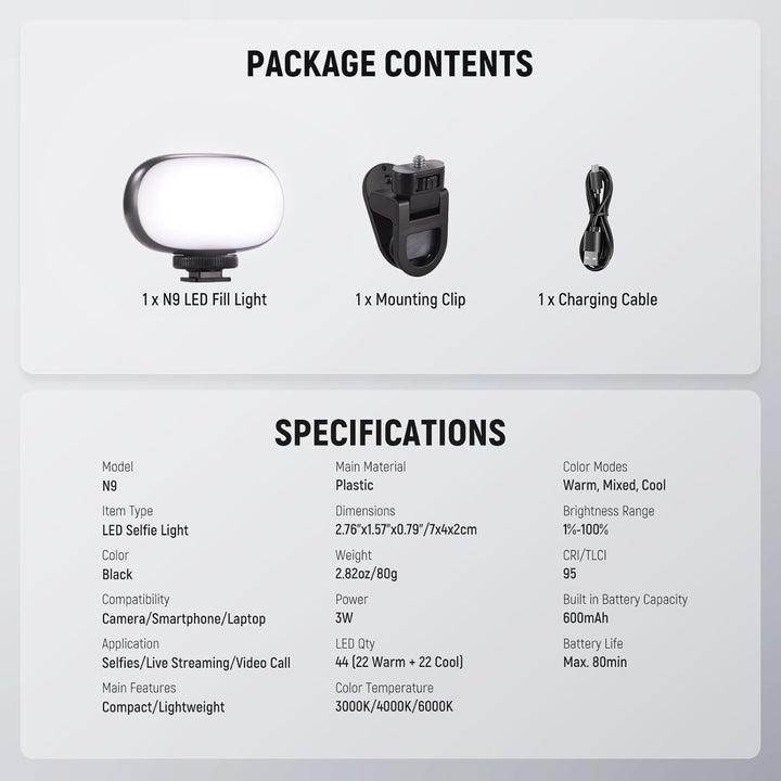NEEWER BASICS Selfie Licht, Tragbares Handy Videolicht, 3W Clip on kleine LED Videoleuchte, Cold Sho