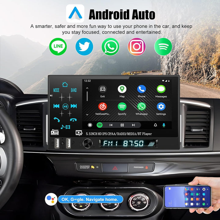 CAMECHO Autoradio 1 Din Wireless Carplay Android Auto Bluetooth Radio, 5.5 Zoll Touchscreen mit IPS