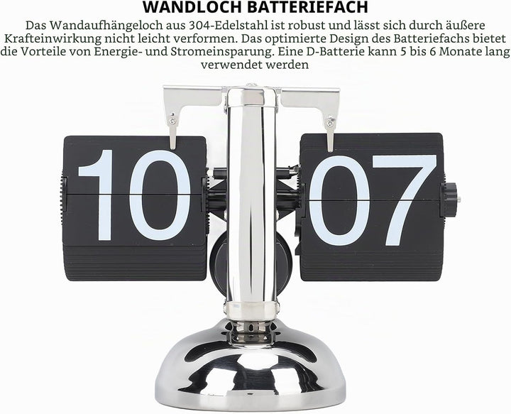 TOPINCN Retro-Stil Klapp-Schreibtisch-Regaluhr, 304 Edelstahl-Klappuhr, Grosse Zahl, Batteriebetrieb