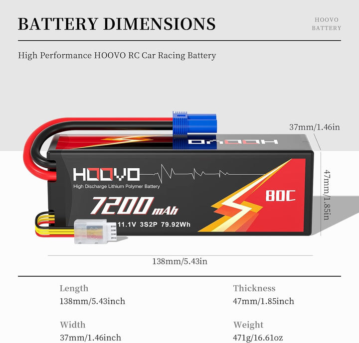 HOOVO 11.1V Lipo Akku 3S 7200mAh 80C Hard Case Akku mit EC5 Anschlussstecker für RC 1/8 1/10 Scale F