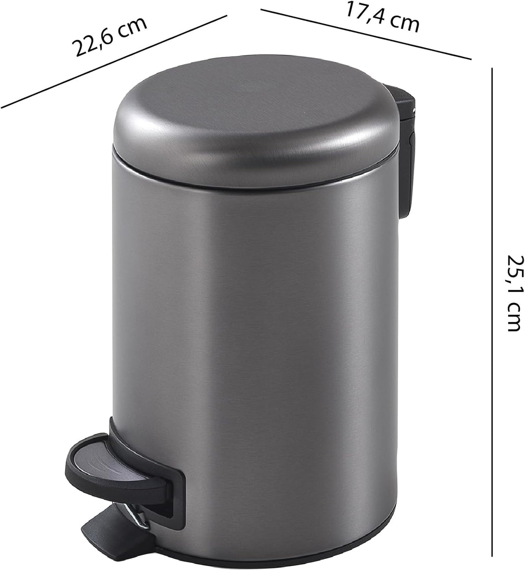 Gedy POTTY Abfalleimer für Badezimmer, rund, 3 l, mit Pedal und Softclose-Deckel, Edelstahl, Gun Met