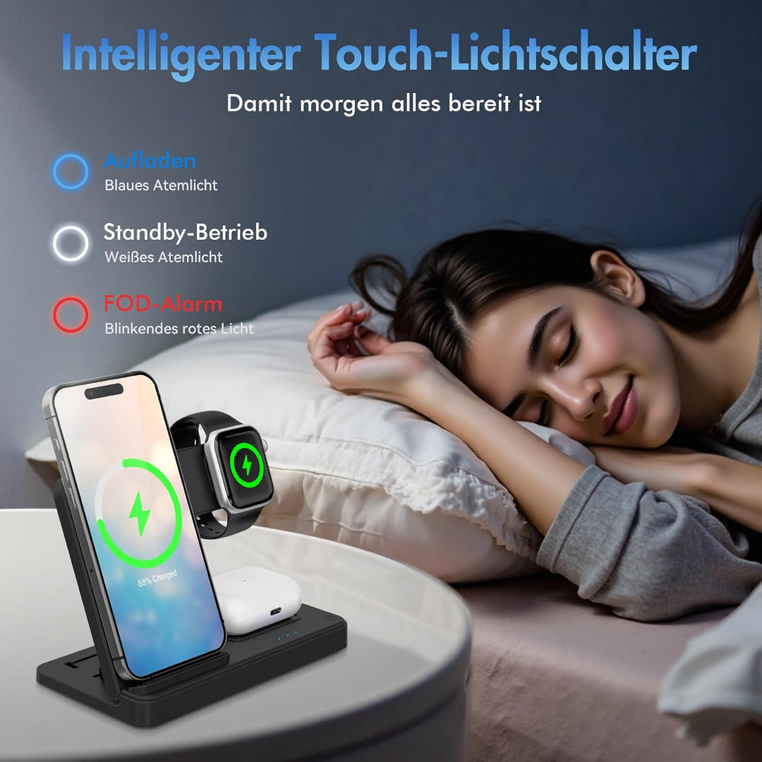 3 in 1 Ladestation Kabellos, 15W Schnellladegerät Wireless Charger für iPhone 17 Pro Max Plus 16 15