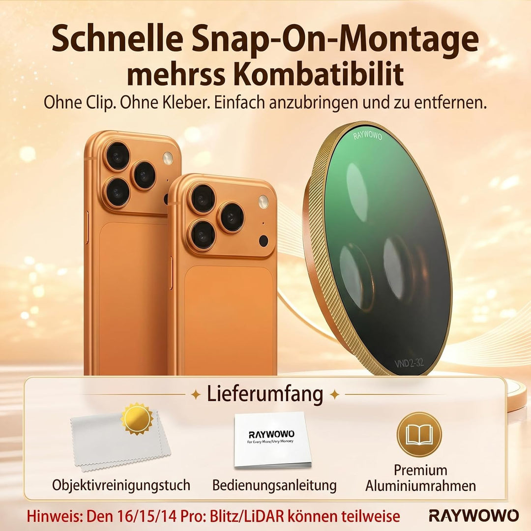 Snap-On Verstellbarer ND-Filter VND2-32 für iPhone 17 Pro &amp; Pro Max | 9,5g Ultraleichter Polfilter m
