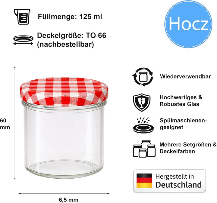 hocz 50x Marmeladengläser 125 ml | mit Deckel Rot Kariert TO 66 | Einmachgläser mit Schraubdeckel zu