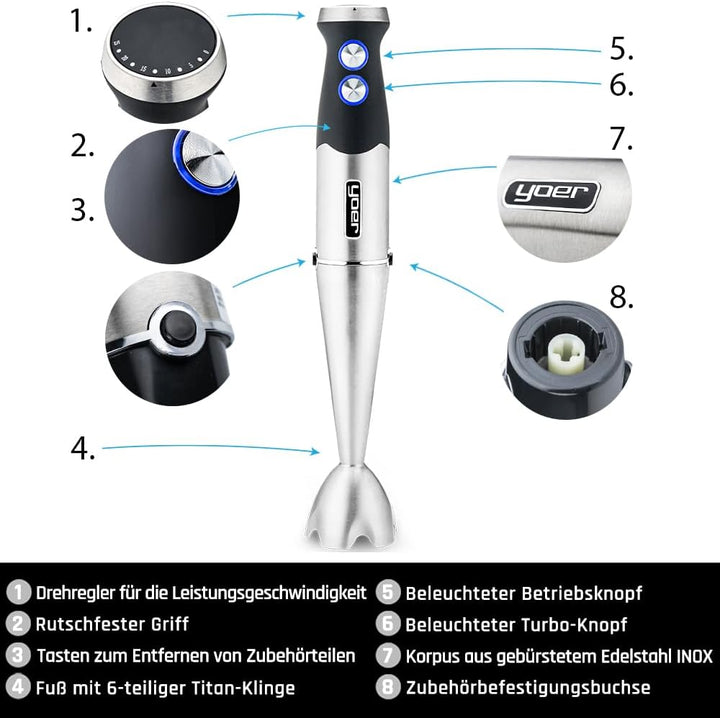 Yoer Six-Edge HB01S, Handmixer, 1500W, Multifunktional, Titanmesser, Turbo-Modus, ECO, 25 Einstellun