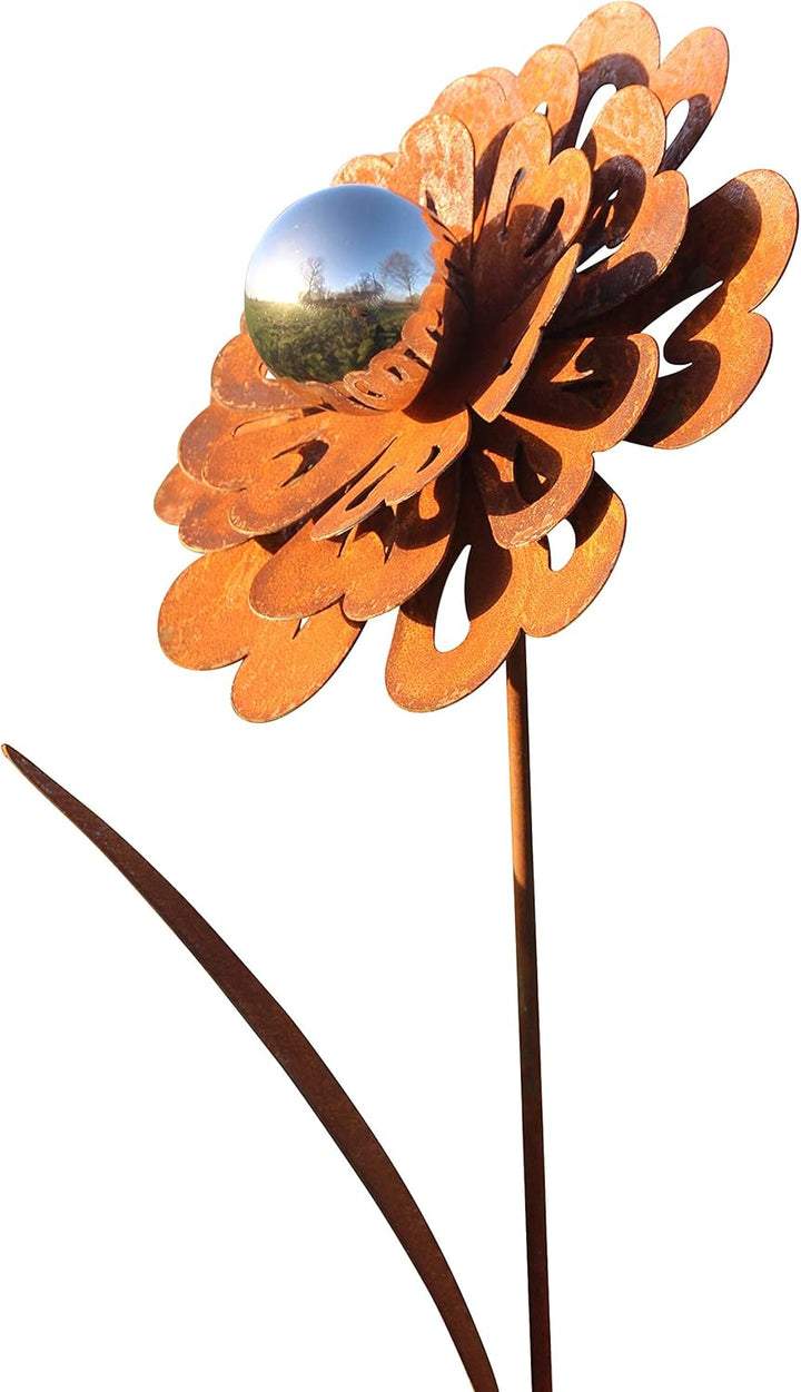Bornhöft Gartenstecker Metall Rost Gartendeko rostige Dekoration Edelrost mit Edelstahlkugel(Blume S
