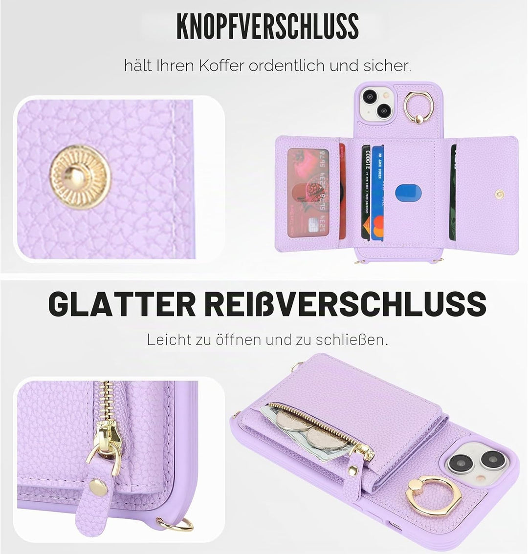 ELTEKER Handyhülle für iPhone 15 Plus Hülle mit Band Kartenfach Ringhalterung Geldbörse,Leder Klapph