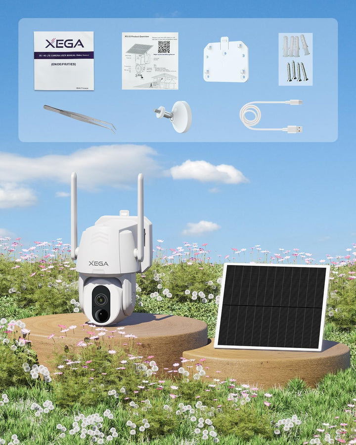 Xega 4G LTE Überwachungskamera mit SIM Karte, Kabellos Solar PTZ IP Kamera Outdoor, Kein WLAN Erford
