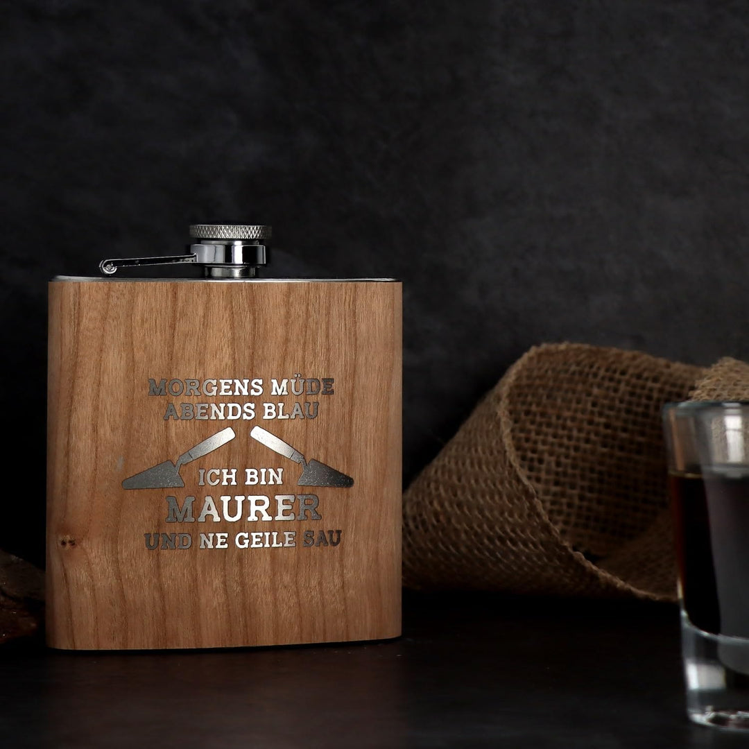 Spruchreif | Flachmann aus Edelstahl mit Gravur | Flachmann aus Holz | Outdoor Geschenk | Geschenkid