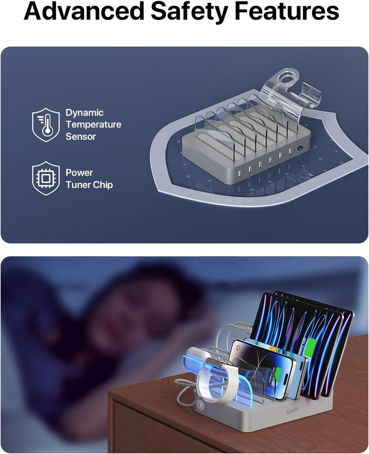 SooPii USB-Ladestation Organizer für mehrere Geräte, 6 Ports 50W Ladestation mit 6 Kabeln und aktual