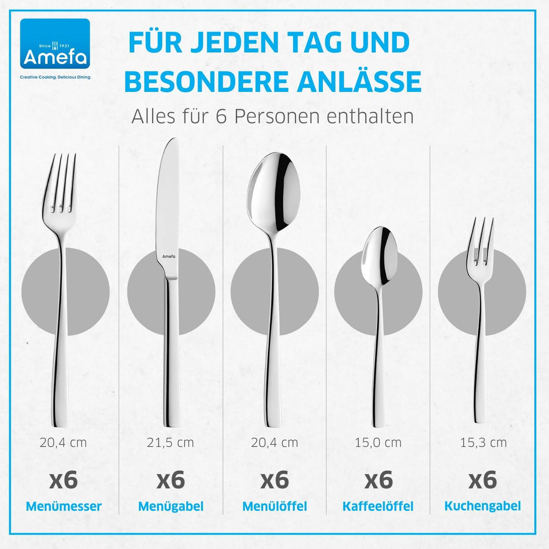 Amefa Fresh Besteckset 6 Personen, Besteck Set 30-teilig, Edelstahl Rostfrei, Besteck Spülmaschinenf
