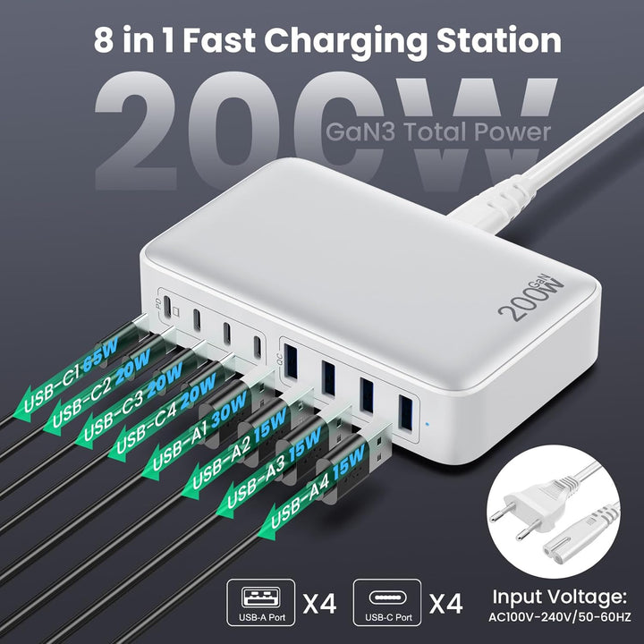 200W USB C Ladegerät, GaN III 8-Port USB Schnellladegerät PPS PD 65W Laptop Ladegerät Adapter USB C