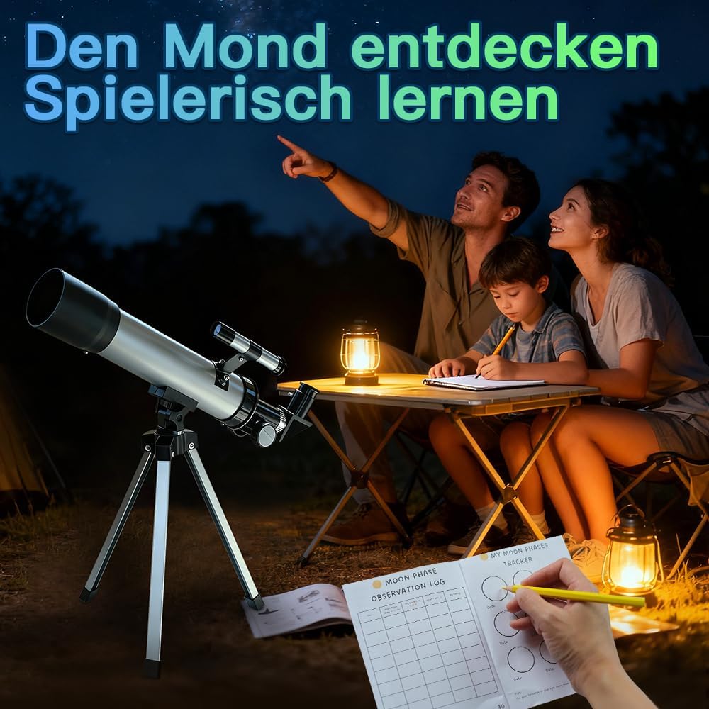 Teleskop für Kinder 50mm 100x Vergrösserung Anfänger Silber Telescopio mit Stativ, 2 Okularen, Suche