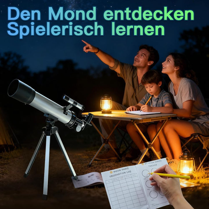 Teleskop für Kinder 50mm 100x Vergrösserung Anfänger Silber Telescopio mit Stativ, 2 Okularen, Suche
