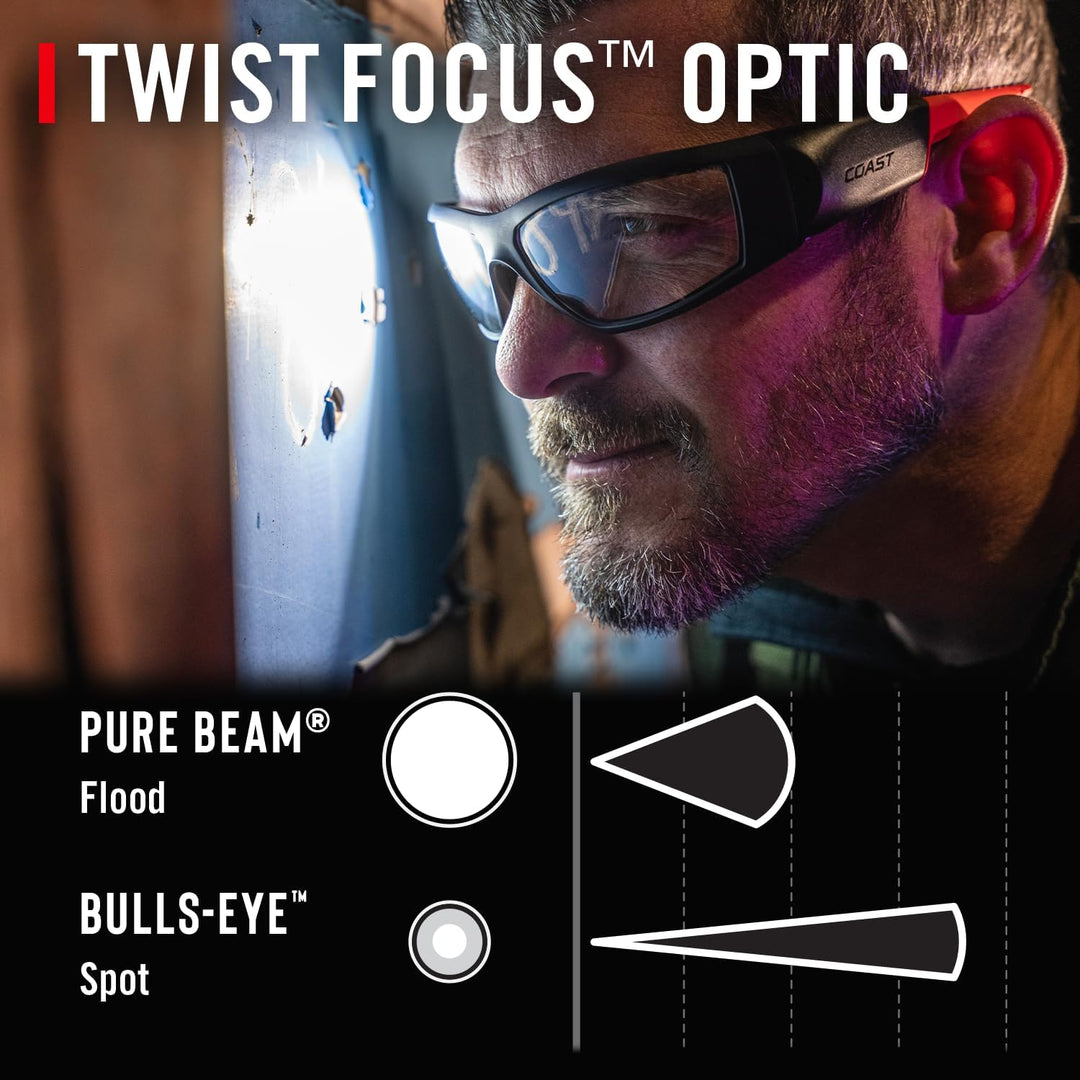 Coast SPG500 Wiederaufladbare LED-Sicherheitsbrille mit Beleuchtung, Bulls-Eye Spot-Strahl, ANSI Z87