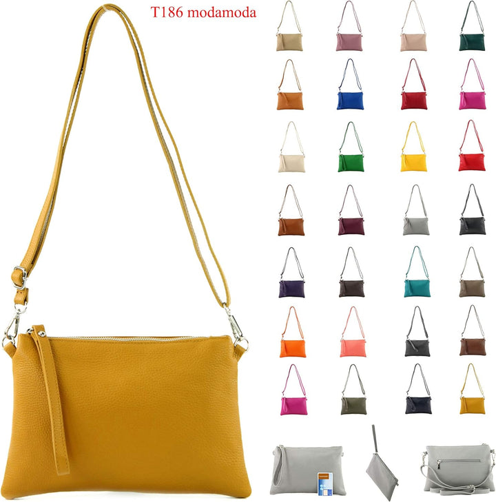 modamoda de - T186 - ital. Clutch Umhängetasche Leder Medium Olivgrün, Olivgrün