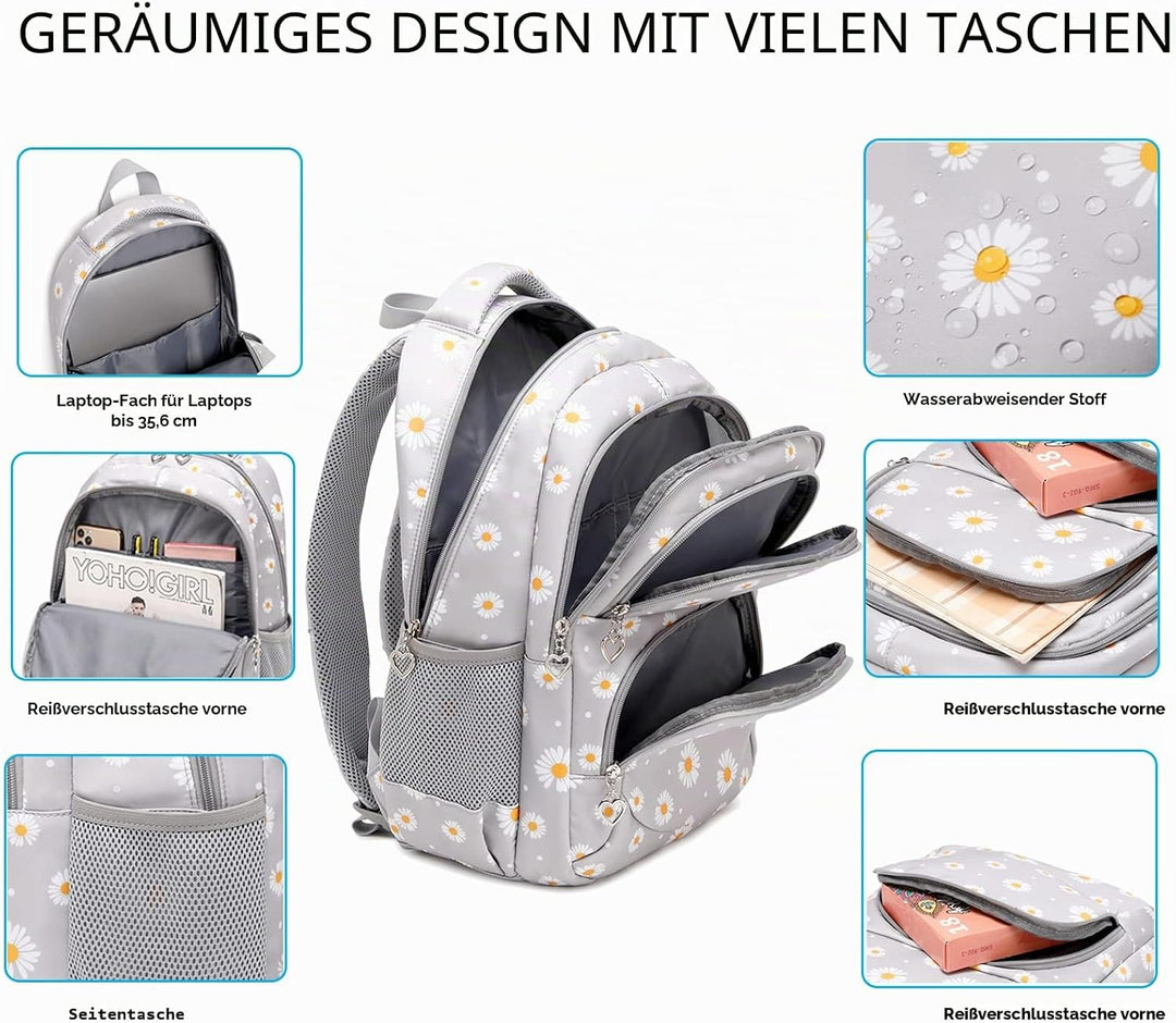 SIVENKE Schulrucksack Mädchen Teenager Damen Schultasche Rucksack Set Gänseblümchen Schulranzen für