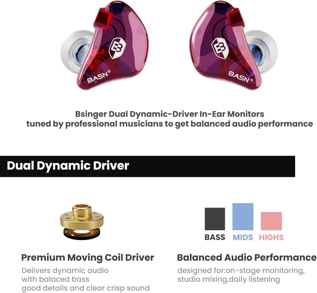 BASN Bsinger In-Ear-Monitore Geräuschisolierende Kopfhörer, Dual-dynamische Treiber High Definition
