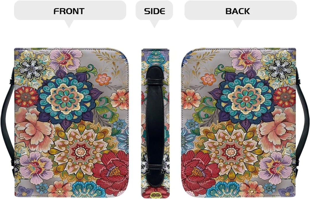 Kuiaobaty Bright Flowers PU Leder Bibeltasche mit Taschen, bunte Blumen-Buchhüllen mit Reissverschlu