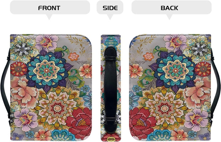 Kuiaobaty Bright Flowers PU Leder Bibeltasche mit Taschen, bunte Blumen-Buchhüllen mit Reissverschlu