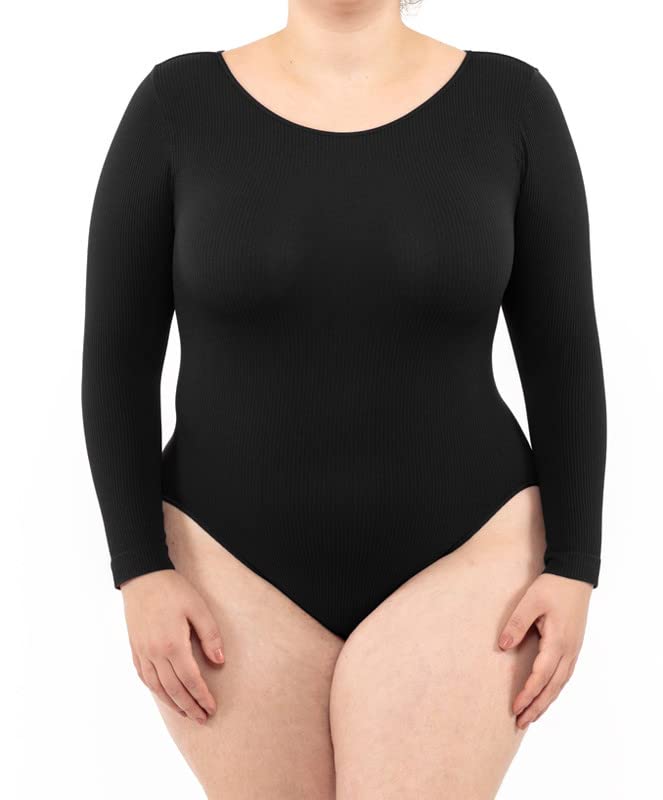 LEELA LAB Bodysuit Damen Grösse Grössen Langarm Gerippter Body, Verstellbarem Verschluss, Nahtloser