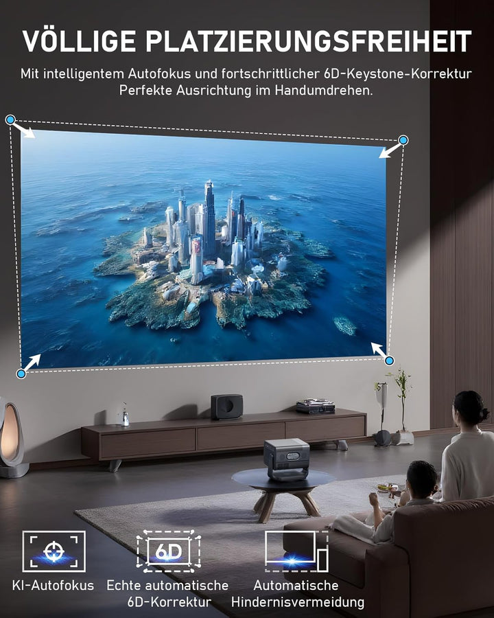 Smart Beamer 4K【Offiziell APPs & Dolby Audio】 4000ANSI Auto Fokus/6D Trapezkorrektur Video Projector