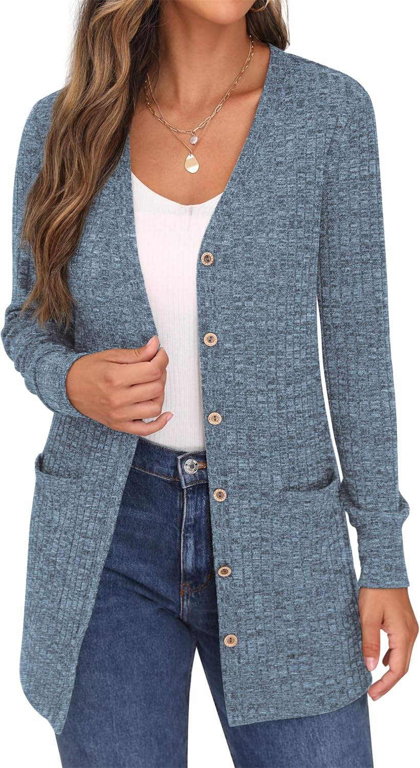 GRECERELLE Damen Leichte Strickjacke Lang mit Taschen und Knöpfen Long Elegant Cardigan V-Ausschnitt