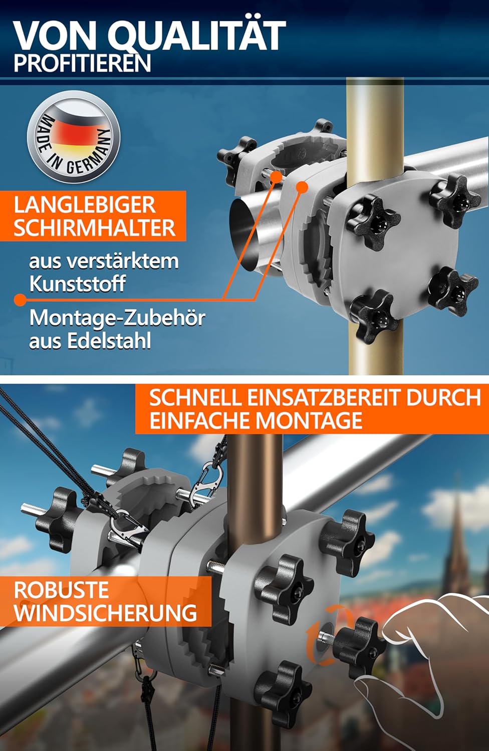 4smile 2 x Sonnenschirmhalter Balkongeländer SunnyGuy, Anthrazit + Windsicherung für Sonnenschirme -