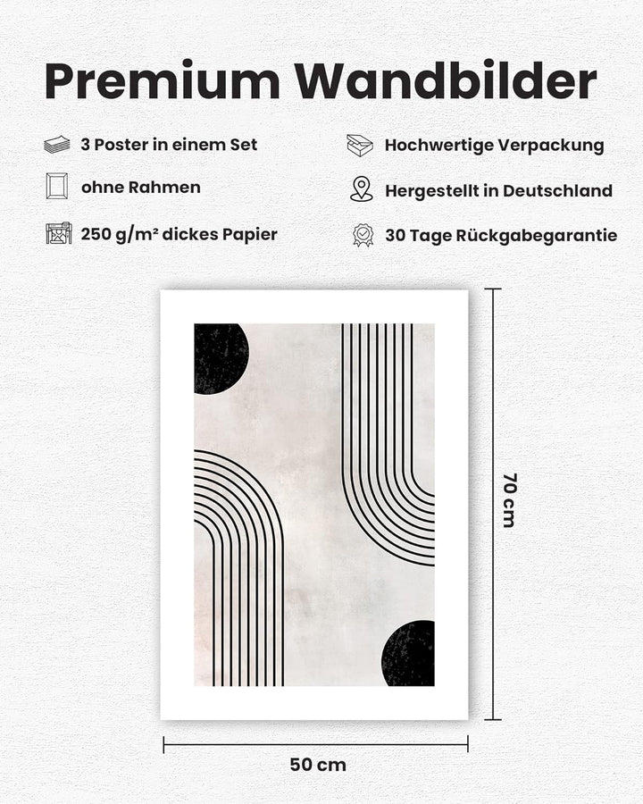 MUUDLY® Premium Poster 50x70 cm 3er Set, Grosse Bilder als Wanddeko, Moderne Wandbilder Hochformat (